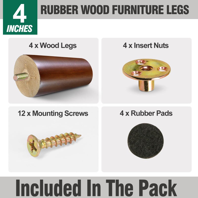 FoDau770 Brown Rubber Wood Furniture Legs 4 Inches, Slant Tapered Wood Legs Mid Century Sofa Legs Set of 4, 5/16"" UNC Furniture Feet Replacement Legs for Sofa Couch Dresser Chair Ottoman Table - Image 2